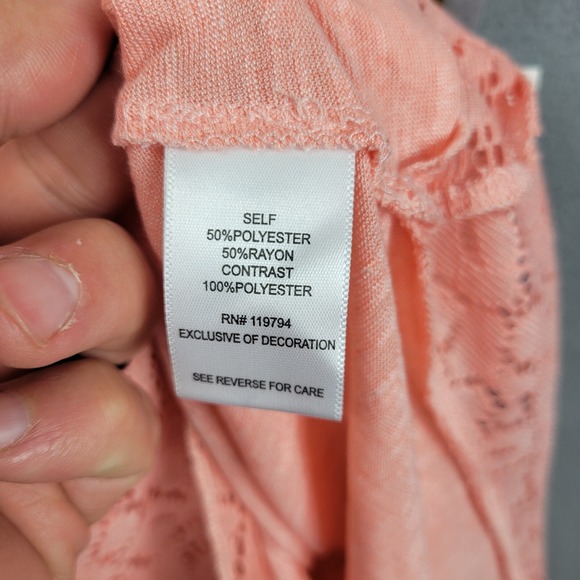 Unity World Wear Blouse Women's Large Peach Lace Trim Shark Tie Neck Cap Sleeve - Picture 9 of 12